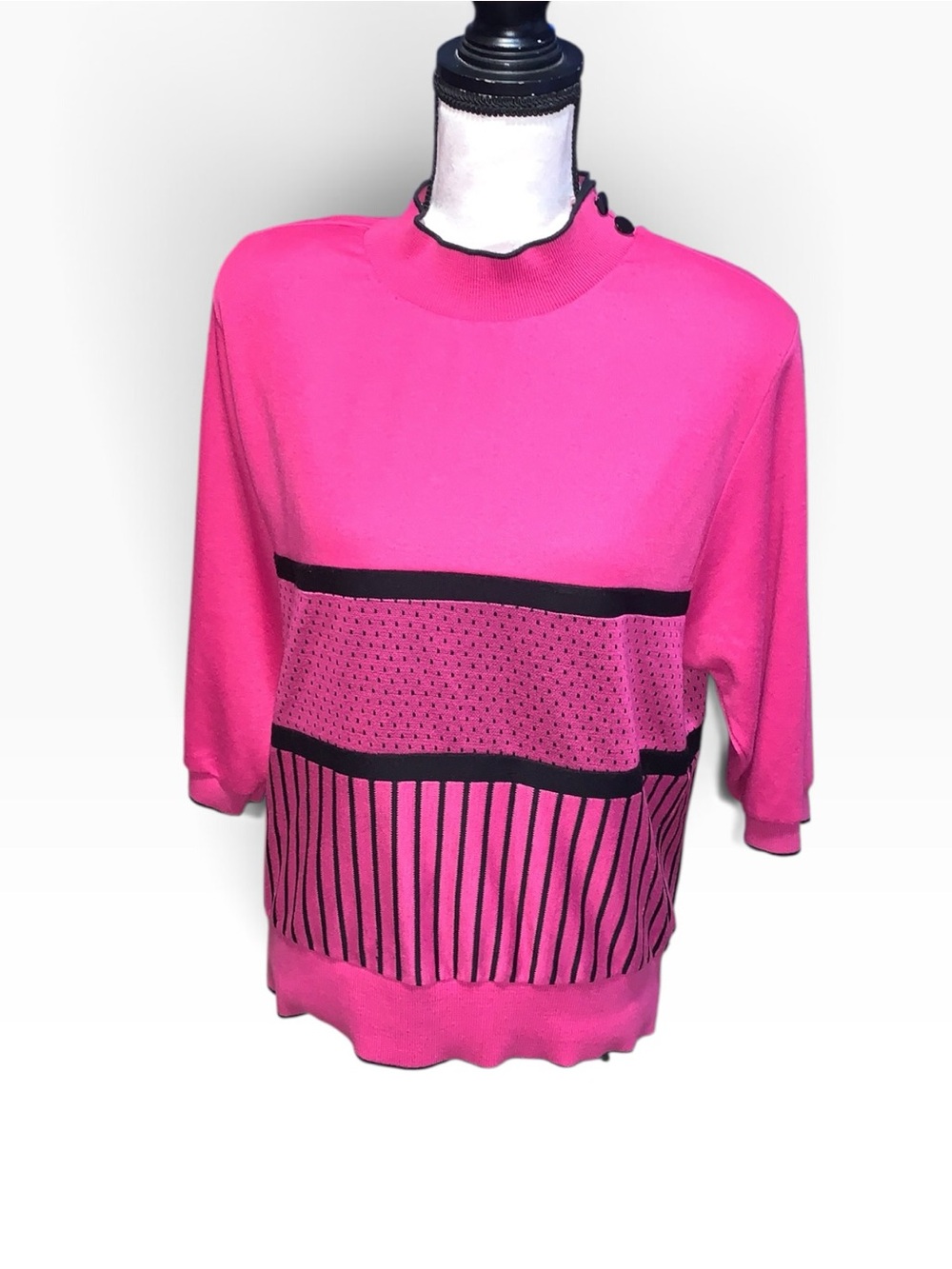 Vintage 80s Pykettes Hot Pink Short-Sleeve Shirt Button Detail Stripes Polka Dot
